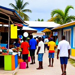 Caribbean Holidays, Jamaica Adventure Holidays, Friendly Jamaican guide leading a small group of travellers through a lively local market, colourful stalls and tropical surroundings, realistic travel photography