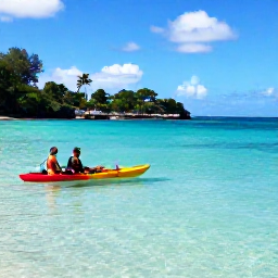 Caribbean Holidays, Jamaica Adventure Holidays, Kayakers and snorkellers exploring clear turquoise water along Jamaica's tropical coastline near Negril