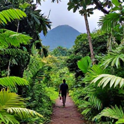 Caribbean Holidays, Jamaica Adventure Holidays, Visitors hiking through lush Jamaican rainforest on a marked trail, with tropical plants and distant mountain views, realistic travel photography