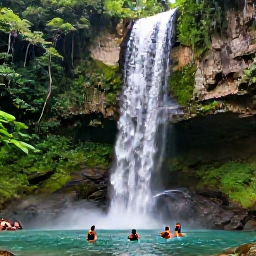 Caribbean Holidays, Jamaica Adventure Holidays, Visitors swimming and climbing at Dunn's River Falls in Jamaica, surrounded by bright green rainforest and cascading clear water