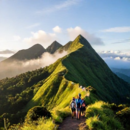Caribbean Holidays, Jamaica Adventure, Jamaica's Blue Mountains at sunrise, with green peaks, misty valleys and a small group of hikers on a trail