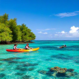 Caribbean Holidays, Jamaica Adventure, Jamaica's north coast with turquoise sea, a kayak near mangroves and a snorkeller above a colourful coral reef