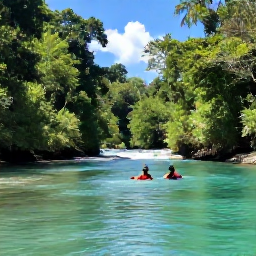 Caribbean Holidays, Jamaica Adventure, Visitors swimming and river tubing in the clear turquoise waters of a Jamaican river, surrounded by tropical forest