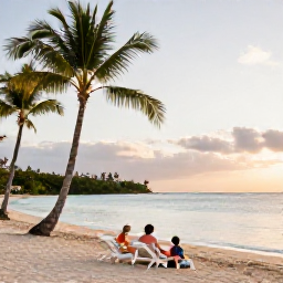 Caribbean Holidays, Jamaica All Inclusive, A couple and family relaxing together at a Jamaican beach resort at sunset, with palm trees and calm Caribbean water
