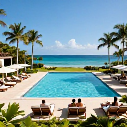 Caribbean Holidays, Jamaica All Inclusive, A stylish Jamaican all-inclusive resort overlooking the sea, with a swimming pool, sun loungers, tropical gardens and guests relaxing