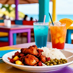 Caribbean Holidays, Jamaica All Inclusive May, A colourful Jamaican restaurant serving jerk chicken, rice and peas, tropical fruit and refreshing drinks in a friendly outdoor setting