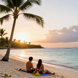 Caribbean Holidays, Jamaica All Inclusive May, A couple relaxing on a Jamaican beach at sunset in May, with calm turquoise water, palm trees and a comfortable all-inclusive holiday mood