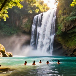 Caribbean Holidays, Jamaica All Inclusive May, Visitors swimming in the clear waters of Dunn's River Falls in Jamaica, surrounded by lush tropical forest and warm sunlight
