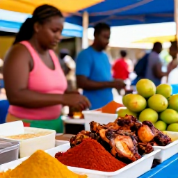 Caribbean Holidays, Jamaica April Breaks, Jamaican April food market with jerk chicken, tropical fruit, colourful spices and friendly local vendors