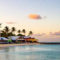 Caribbean Holidays, Jamaica April Breaks, Montego Bay waterfront at sunset in April with calm turquoise sea, palm trees and colourful restaurants