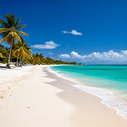 Caribbean Holidays, Jamaica April Holidays, A wide white-sand beach in Jamaica with turquoise water, palm trees and bright April sunshine