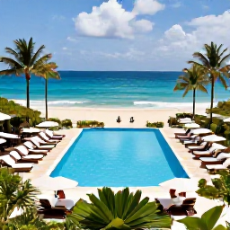 Caribbean Holidays, Jamaica April Holidays, Elegant Jamaican all-inclusive resort overlooking a sandy beach, with swimming pool, loungers and tropical gardens