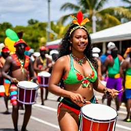 Caribbean Holidays, Jamaica April Holidays, Jamaican street parade in April with colourful costumes, drummers and smiling crowds beneath tropical sunshine
