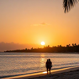 Caribbean Holidays, Jamaica April Holidays, Jamaican sunset over a calm beach with a couple walking near the water and warm evening light