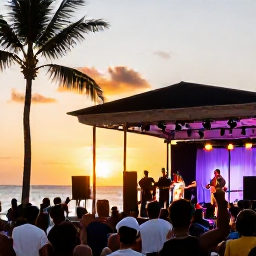 Caribbean Holidays, Jamaica April Holidays, Live reggae performance in Jamaica at sunset with musicians on stage and an enthusiastic audience