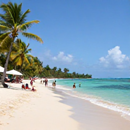 Caribbean Holidays, Jamaica April Holidays, Relaxed Jamaican beach scene in April with clear turquoise water, palm trees and visitors enjoying the shoreline