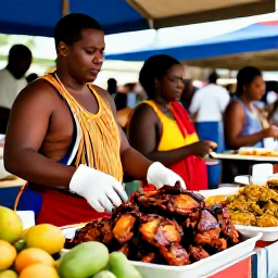 Caribbean Holidays, Jamaica April Holidays, Traditional Jamaican food market with jerk chicken, tropical fruit, spices and friendly local vendors