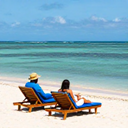 Caribbean Holidays, Jamaica April Holidays, Travellers relaxing on a Jamaican beach with sun loungers, clear shallow water and a calm tropical atmosphere