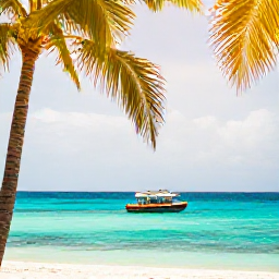 Caribbean Holidays, Jamaica April Tours, Colourful Jamaican coastline with turquoise water, palm trees and a small sightseeing boat in warm April sunshine