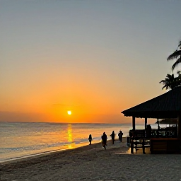 Caribbean Holidays, Jamaica April Tours, Golden Jamaican beach at sunset with calm sea, a relaxed beach bar and visitors enjoying an evening walk