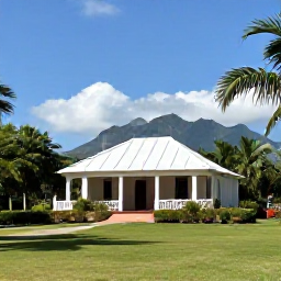 Caribbean Holidays, Jamaica April Tours, Historic Jamaican plantation house with tropical gardens and distant Blue Mountains under a clear sky
