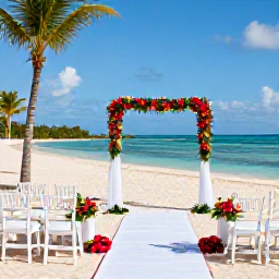 Caribbean Holidays, Jamaica April Weddings, Elegant beachfront wedding ceremony in Jamaica with white chairs, tropical flowers, palm trees and blue Caribbean water