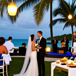 Caribbean Holidays, Jamaica April Weddings, Happy wedding couple enjoying a Jamaican resort reception with tropical food, lanterns, live music and guests under palm trees