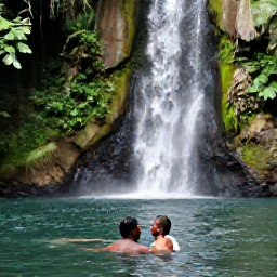 Caribbean Holidays, Jamaica April Weddings, Newlywed couple exploring Jamaica after their wedding, swimming in clear water near a waterfall and surrounded by lush green countryside