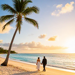 Caribbean Holidays, Jamaica April Weddings, Newlyweds walking along a bright Jamaican beach at sunset, palm trees, calm turquoise sea and warm golden light