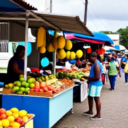 Caribbean Holidays, Jamaica August Breaks, Colourful Kingston market street with Jamaican food stalls, tropical fruit and friendly local shoppers, realistic photograph