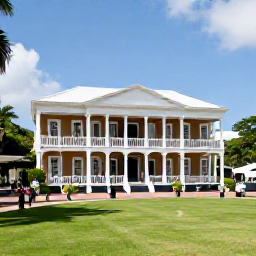 Caribbean Holidays, Jamaica August Breaks, Historic Devon House in Kingston with elegant colonial architecture, green lawns and visitors enjoying ice cream, realistic travel photograph