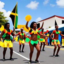 Caribbean Holidays, Jamaica August Holidays, Colourful Jamaican cultural festival parade in Kingston during August, with dancers, musicians and flags