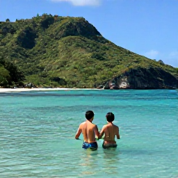 Caribbean Holidays, Jamaica August Holidays, Couple swimming in clear turquoise water beside a Jamaican beach with lush green hills in the background