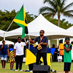 Caribbean Holidays, Jamaica August Holidays, Jamaican Independence Day celebration with flags, live music and families enjoying an outdoor event