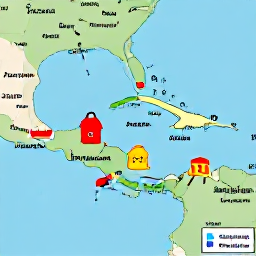 Caribbean Holidays, Jamaica August Holidays, Map and travel bags representing a multi-country Caribbean itinerary with Jamaica, Barbados and Antigua