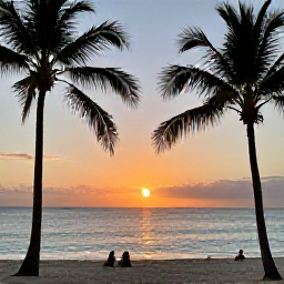 Caribbean Holidays, Jamaica August Holidays, Relaxed Jamaican beach at sunset in August, with palm trees, calm turquoise water and travellers enjoying the evening