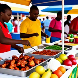 Caribbean Holidays, Jamaica August Holidays, Traditional Jamaican food stall at a busy August festival, showing jerk chicken, rice and peas and fresh tropical fruit