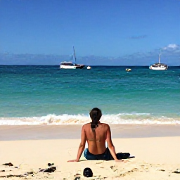 Caribbean Holidays, Jamaica Backpacking April, Backpacker relaxing on a golden Jamaican beach with turquoise water, fishing boats and bright sunshine