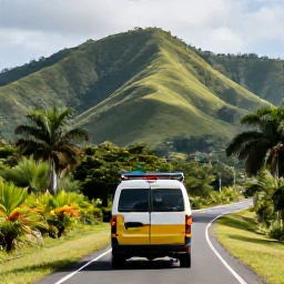 Caribbean Holidays, Jamaica Backpacking April, Backpacker using local transport on a scenic Jamaican road with green hills and tropical countryside