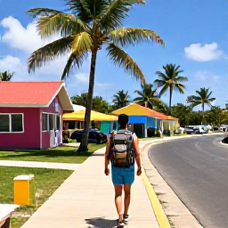 Caribbean Holidays, Jamaica Backpacking April, Backpacker with a rucksack arriving at a sunny Jamaican coastal town in April, palm trees and colourful local buildings