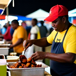 Caribbean Holidays, Jamaica Backpacking April, Friendly Jamaican street food vendor serving jerk chicken at a lively evening market