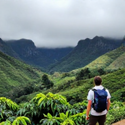 Caribbean Holidays, Jamaica Backpacking, Backpacker hiking through the Blue Mountains of Jamaica in misty August weather, green coffee plantations and dramatic valleys