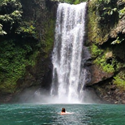 Caribbean Holidays, Jamaica Backpacking, Backpacker swimming beneath a Jamaican waterfall surrounded by dense green forest and rocky pools