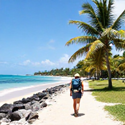 Caribbean Holidays, Jamaica Backpacking, Backpacker walking along a tropical Jamaican coastline with bright blue sea, palm trees and a relaxed beach atmosphere