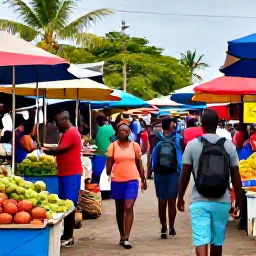 Caribbean Holidays, Jamaica Backpacking, Backpacker walking through a lively Jamaican market in August, colourful stalls, tropical produce and friendly local atmosphere