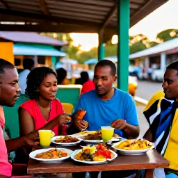 Caribbean Holidays, Jamaica Backpacking, Backpackers sharing Jamaican food at a casual roadside eatery in Kingston, colourful dishes, music and warm evening light