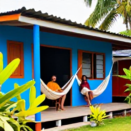 Caribbean Holidays, Jamaica Backpacking, Budget backpacker accommodation in Jamaica, colourful guesthouse veranda with hammocks, tropical plants and travellers chatting