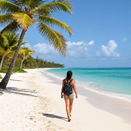 Caribbean Holidays, Jamaica Backpacking December, Backpacker walking along a sunny Jamaican beach with a small rucksack, palm trees and turquoise sea