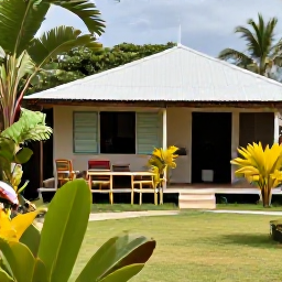 Caribbean Holidays, Jamaica Backpacking December, Friendly backpackers relaxing in a simple Jamaican guesthouse courtyard decorated with tropical plants