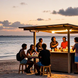 Caribbean Holidays, Jamaica Backpacking, Friendly backpackers sharing a casual meal at a Jamaican beachside food stall at sunset